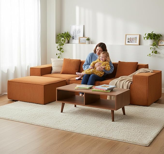 Rowan Convertible Corduroy Sectional Couch with Ottoman & Pillows, Modular L Shaped Sleeper Sofa, Boneless Cloud Couch for Living Room Furniture, Red Orange