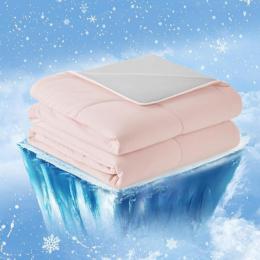 Cozy Bliss Cooling Comforter Queen Size, Cooling Blankets for Hot Sleepers and Night Sweats, Pink Gray Summer Comforter for Queen Size Bed, Breathable Soft Lightweight Silk Smooth