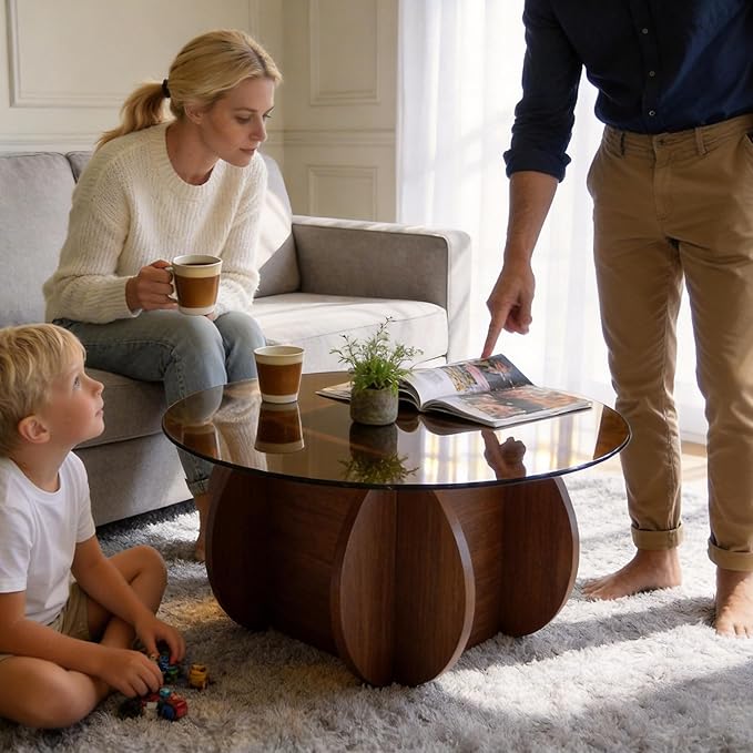Modern Round Coffee Table with Solid Wood Legs,31.5'' Glass Coffee Tables for Living Room Rustic Circle Center Cocktail Table with Tempered Glass-Top,for Small Spaces, Unique | Modern, Living Room, Rustic, Center, Unique, Small Spaces