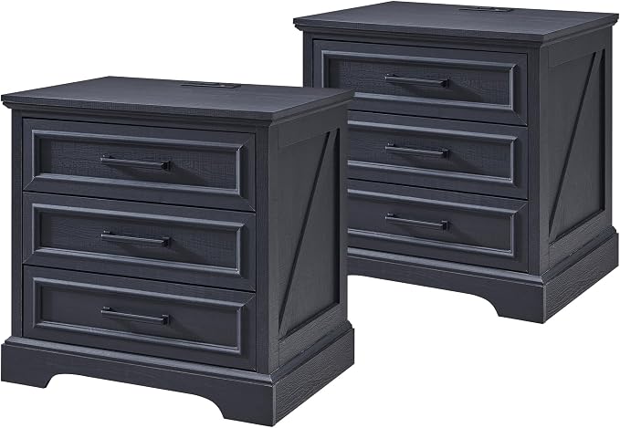 ACCOHOHO Farmhouse Nightstands Set of 2, 22 Inch Wide End Table with Charging Station & 3 Large Drawers, Rustic Wood Small Dresser Chest of Drawers for Bedroom, Living Room, Black by ACCOHOHO