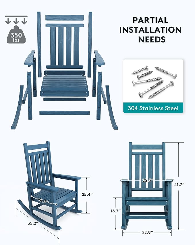 SERWALL Oversized Rocking Chair, Outdoor Rocking Chair for Adults, All Weather Resistant Porch Rocker for Lawn Garden, Blue - Image 3