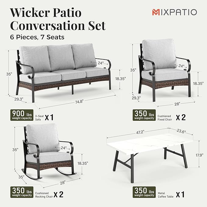 Patio Furniture Set with Coffee Table, Outdoor Conversation Set with 2 x Fixed Chairs, 2 x Rocking Chairs, 1 x 3-Seat Sofa for Lawn Garden Backyard, Light Grey