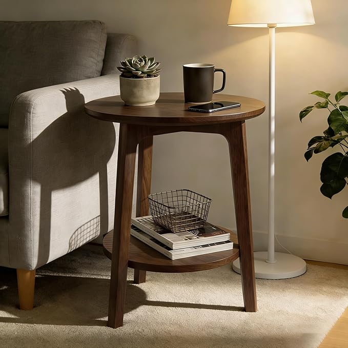 2-Tier Round Coffee Table Wood Nesting Side Table (Walnut Side Table, 16x16x20)