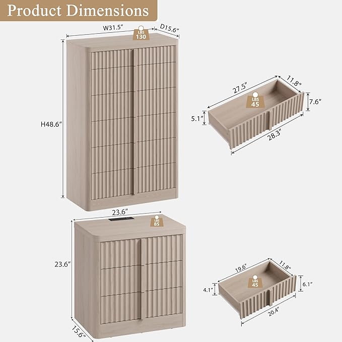 Fluted Dresser and Nightstand 3-Piece Bedroom Set, 49" Tall 6-Drawer Dresser and 2 of 3-Drawer Nightstands with Charging Station, Curved Profile Design, Modern Bedroom Dressers Sets, White Alder