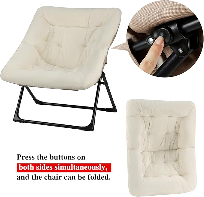 Comfy Saucer Chair for Adults, Soft Faux Fur Bedroom Chair, Accent Dorm Chairs, Flexible Living Room Reading Chairs, Oversized Folding Seat for Teens, X-Large, Beige