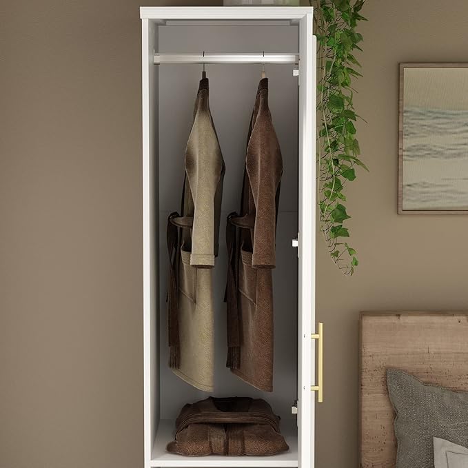 ECACAD White Slim Wardrobe Armoire with 2 Doors, 3-Tier Shelves & Hanging Rod, Wooden Closet Storage Cabinet for Bedroom (15.7”W x 19.3”D x 74.8”H)
