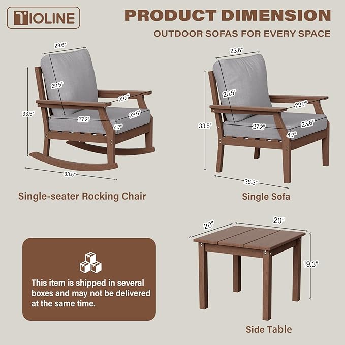 HDPE Patio Conversation Set, 3-Piece All Weather Outdoor Furniture Set with 1 Single Sofa，1 Rocking Sofa for Deck, Lawn, with Cushion, Brown