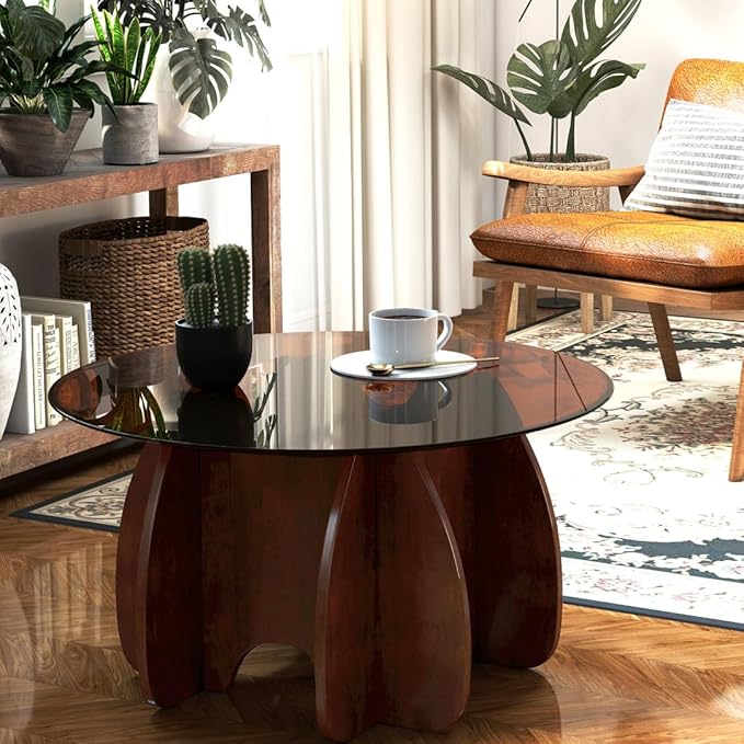 Round Glass Coffee Table Brown Glass Modern Center Tables for Living Room Small Spaces Creative Unique Accent Table Extendable Home Furniture