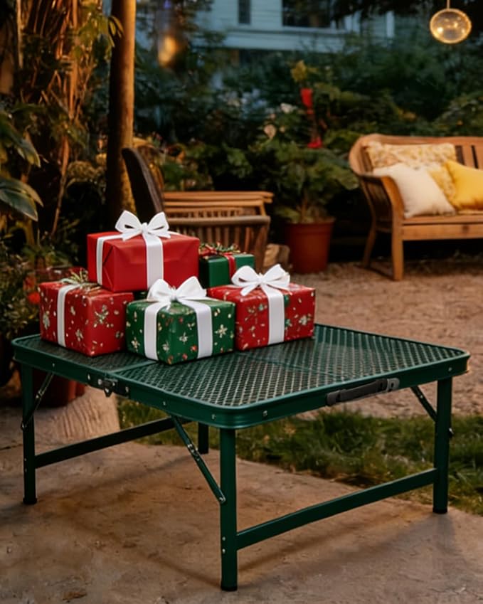 Square Folding Card Table with Adjustable Height (12" & 26"), Green Portable Metal Mesh Table for Camping, BBQ, Picnic, Game, Patio & Indoor Use, Fits 2–4 People, Lightweight 7.6 lb, Supports 66 lb - Image 2