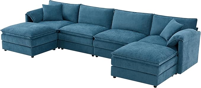 Merax 136" U-Shaped Chenille Modular Sectional Sofa, Oversized Cloud Couch Set with Double Cushions, 6-Seat with Movable Ottomans, Deep & Wide Seating, Blue