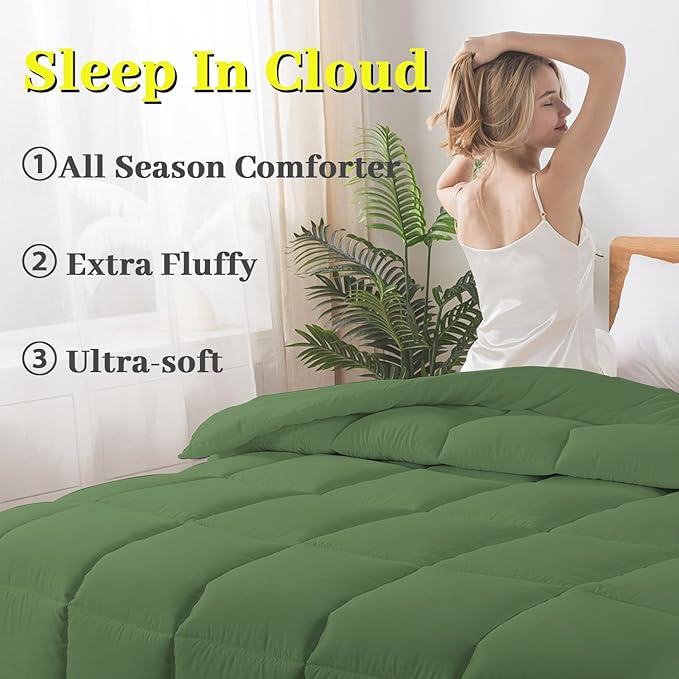 BedTreat Down Alternative Comforter Queen Duvet Insert with Corner Tabs, All Season Quilted Bed Comforter Box-Stitched Queen Comforter Green，Machine Washable Microfiber Bedding