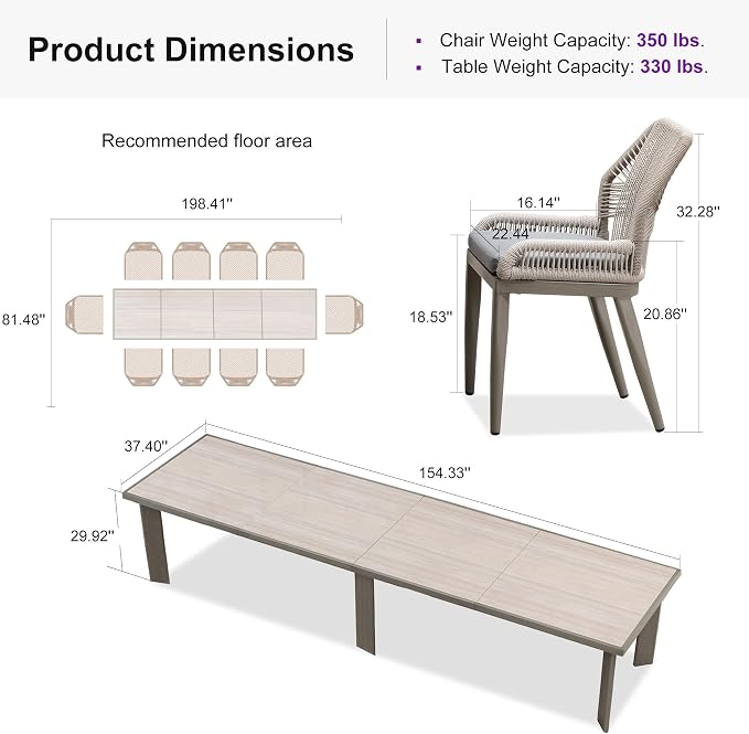 PURPLE LEAF 11 Pieces Patio Dining Set Aluminum Oversize Rectangular Table and Wicker Chairs with Cushions for Kitchen Porch Garden Modern Outdoor Furniture Sets, Light Grey - Image 8