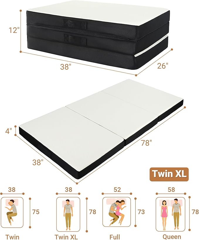 Foldable Mattress Twin XL, Memory Foam Tri-Fold Mattress with Removable Washable Cover, 4 inch Folding Floor Mattresses Sleeping Pad for Guest, RV, Travel, Camping, White, 78"x38"x4"
