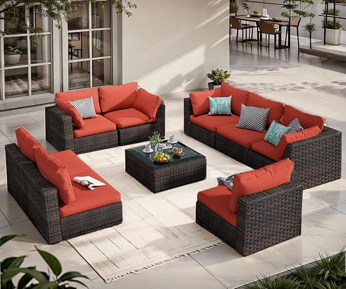 9 Piece Patio Furniture Set All Weather PE Rattan Outdoor Sectional Sofa Couch with No-Slip Cushions and Glass Top Table for Garden, Poolside, Backyard (Red)