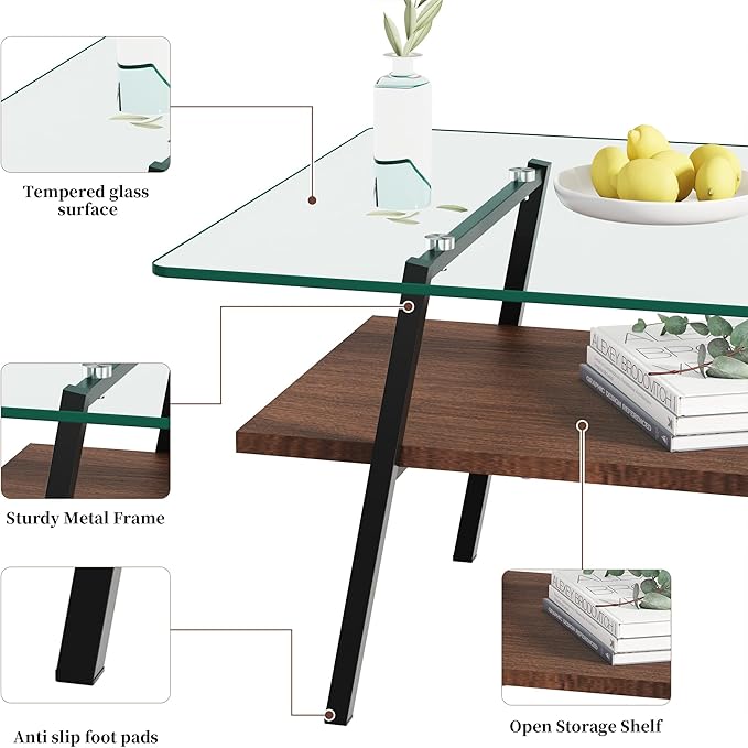 IANIYA Glass Coffee Table for Living Room Small Gold Mid Century Coffee Table for Living Room with Wood Shelves (Black Frame, Transparent Glass + Brown Wood)