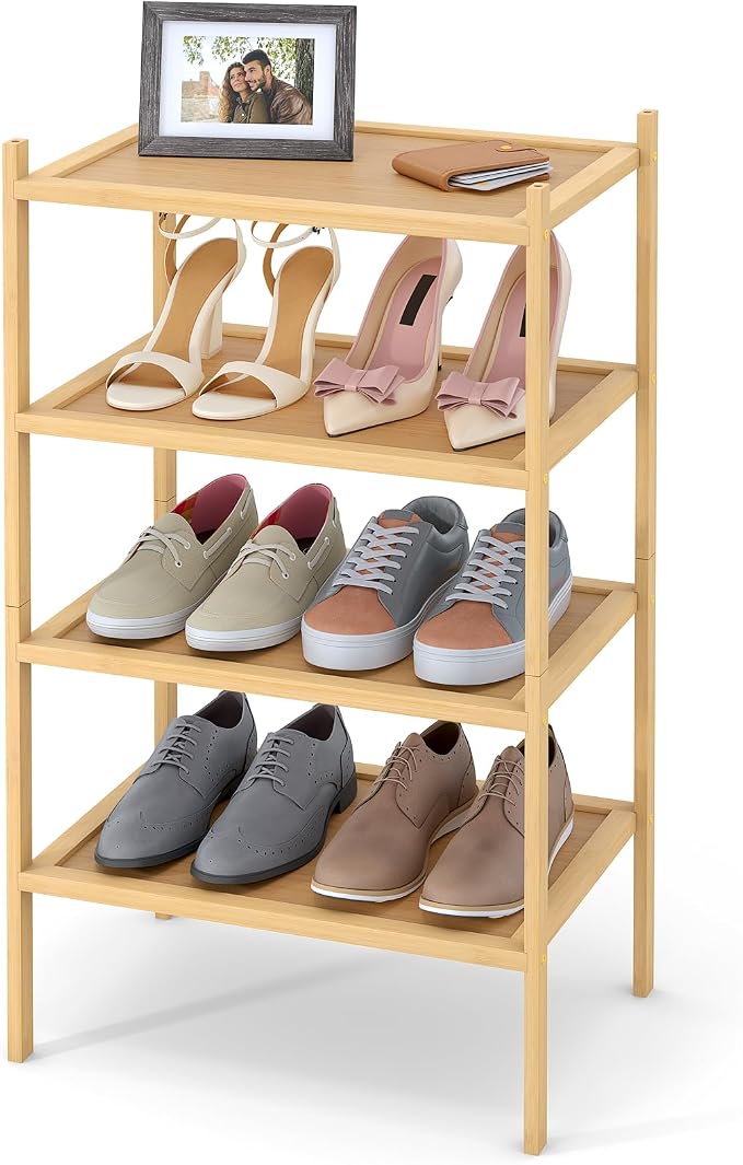 Smiry Bamboo Small Shoe Rack, 4 Tier Shoe Organizer for Entryway & Closet, Stackable Free Standing Storage Shelf for Shoes, Bags & Plants, Natural by Smiry