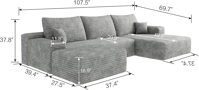 108" Cloud Modular Sectional Sofa Couch with Ottoman and L-Shape Chaise, Minimalist Upholstered Compressed Couches,Deep Seat Floor Sofa Couch,No Assembly Required