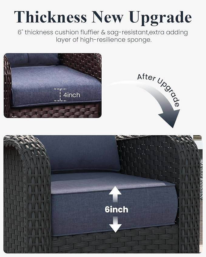 LayinSun 10 Piece Wicker Outdoor Furniture Set with 6-inch Comfy Cushions, High Back Patio Furniture Set with Swivel Rocking Chairs and Fire Pit Table
