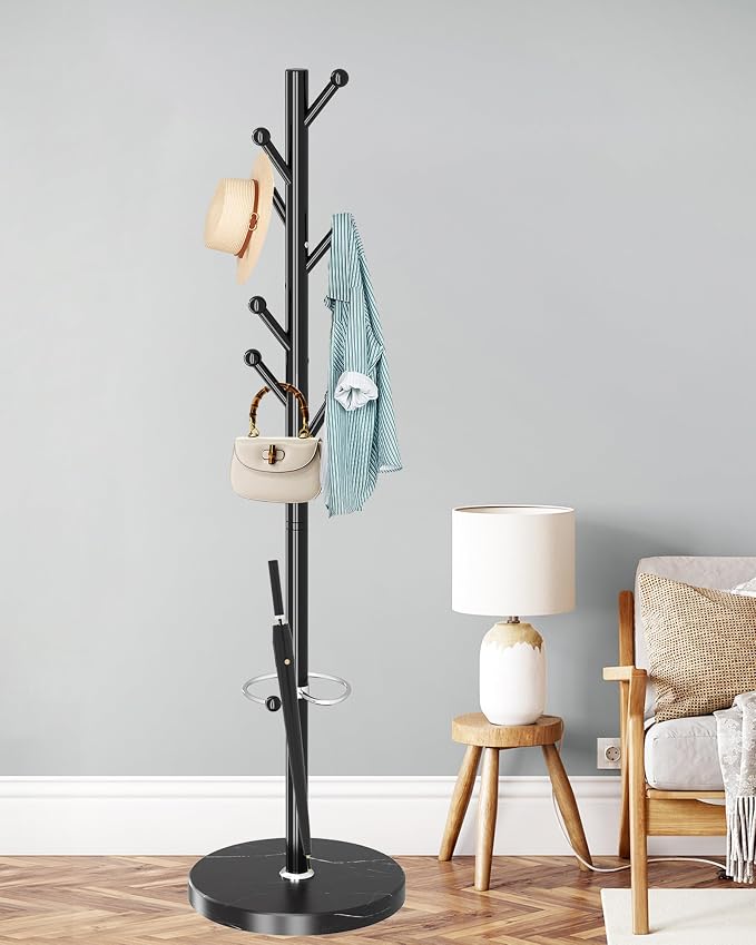 ZOZOE Metal Coat Rack Stand, Modern Coat Rack Freestanding with Natural Marble Base, Sturdy Industrial Coat Racks with 8 Hooks & Umbrella Holder,Black Coat Tree Hanger Stand for Entryway,Office by ZOZOECoatRackfreestanding