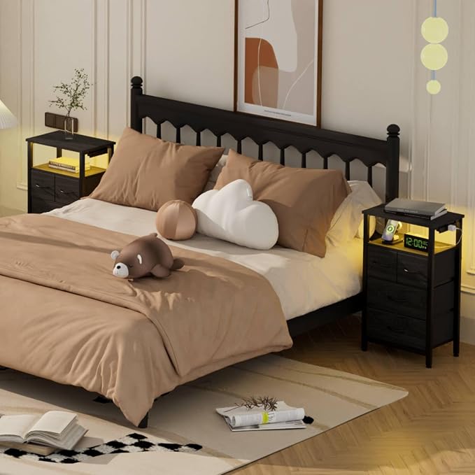 Furnulem Tall Night Stand with Charging Station and Led Light, Small Dresser with Open Shelf and 4 Storage Drawers, Black Side Table Fabric Nightstand for Bedroom, Entryway, Bedside Furniture | and Led Light, Open Shelf, 4 Storage Drawers, for Bedroom,... - Image 2