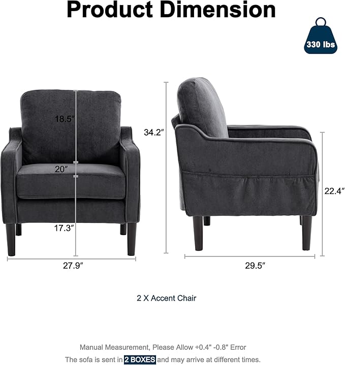 Ribilake Grey Accent Chair Set of 2 - Upholstered Armchair with Side Pockets, Comfy Living Room Arm Chair, Reading Accent Chairs for Bedroom, Living Room, Apartment, Office