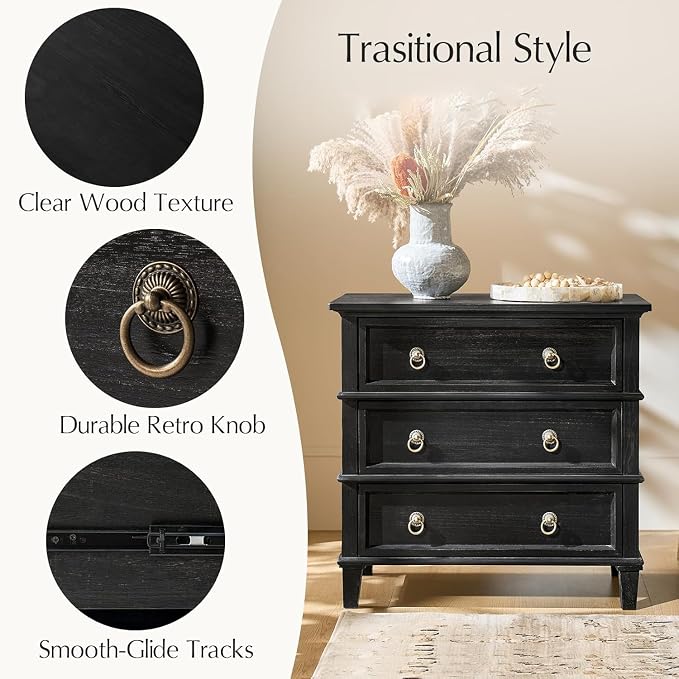 HULALA HOME Farmhouse End Table with 3 Drawers, Paulownia Solid Wood Side Table with Vintage Knobs, Ancient End Table with Charging Station, Easy Assembly, Charcoal - Image 5