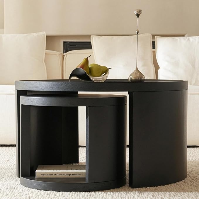 Round Nesting Coffee Table Set of 2, Black Coffee Table, 31.5" Large & 18" Small Low Tables with Wood Top, Center Table for Living Room, Bedroom, Minimalist Center Table Set
