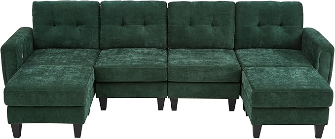 ERYE 115-Inch U-Shaped Modular Sectional Sofa Include 2 Ottomans and 4 Seat, Comfy Chenille Upholstered Tufted U Shaped Sectional Couch W/Coffee Table and USB-C Ports