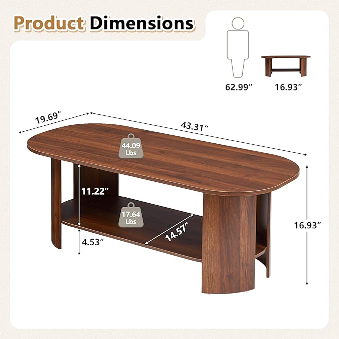 Oval Coffee Table for Living Room, 43.3” Farmhouse Coffee Tables with Storage, 2-Tier Wood Center Table with Storage Shelf Low Tea Table for Small Space, Home, Office, Easy Assembly (Walnut)