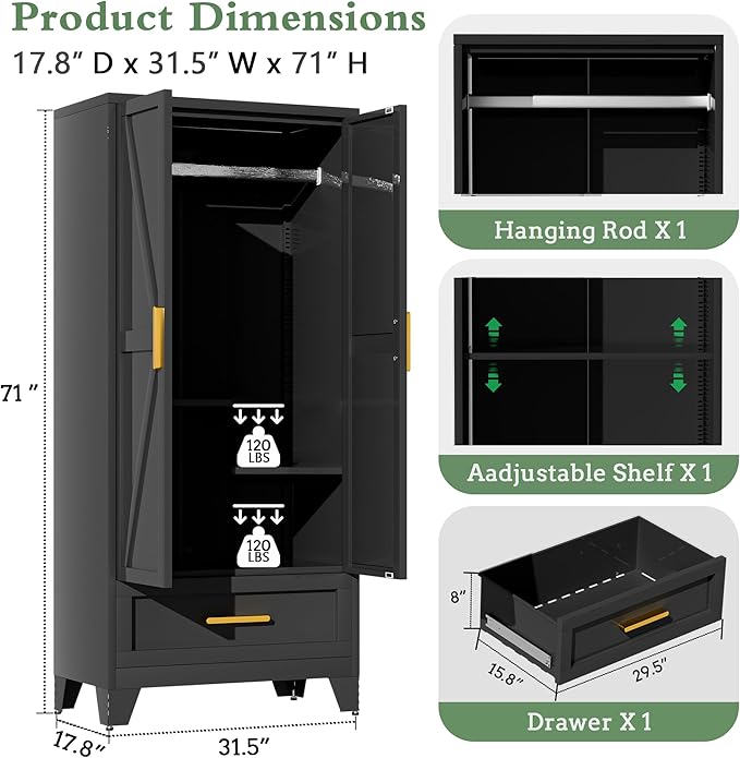 71" Tall Metal Armoire Wardrobe Closet,17.7" Deep By 31.5" Wide Portable Closet for Hanging Clothes,Wardrobe Cabinet with Drawer and Shelve for Bedroom Office Garage,Black 1 Pack