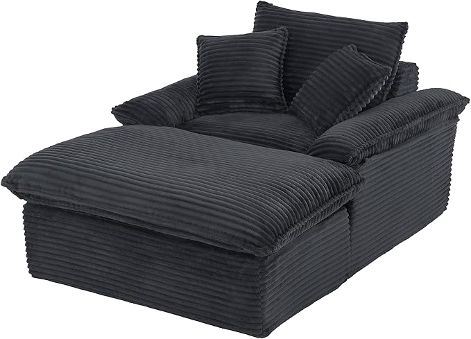 52" Oversized Chaise Lounge Chair Boneless Sofa Bed, Plush Corduroy Upholstered Cloud Lounge Sofa Couch with Ottoman, Modern Deep Seat Sleeper Chair w/Thickness Cushions for Living Room, No Assembly