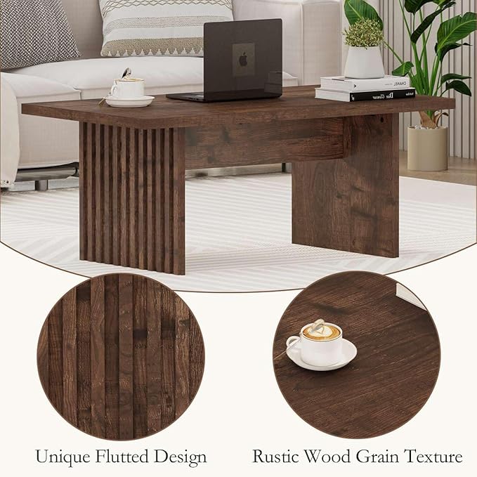 BON AUGURE 47 Inch Coffee Table, Fluted Side Panels Coffee Tables for Living Room, Large Wooden Tabletop Center Table, Farmhouse Living Room Tables for Lounge, Office, Rustic Oak