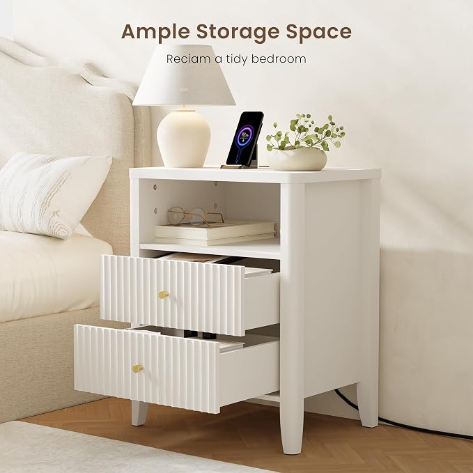 Nightstand Set of 2 with Charging Station, 21" Fluted Bedside Table with 2 Drawers & Open Shelf, Modern End Table with Storage for Bedroom, Alabaster White - Image 4