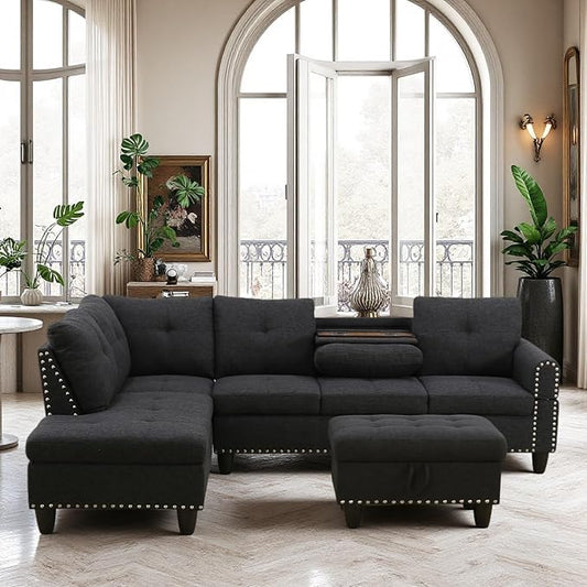 Sectional Couches for Living Room Furniture, 4 Seat L Shaped Couches with Ottoman, Modular Sectional Sofa for Apartment Furniture Sets, Grey