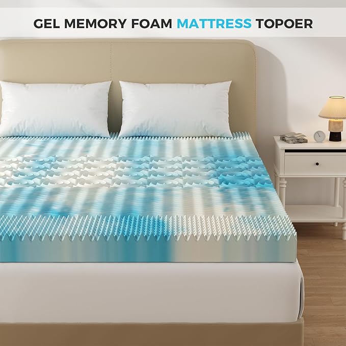 DUMOS 2 Inch Memory Foam Mattress Topper Queen, 5-Zone Cooling Gel Infused Pressure Relief Bed Topper for Back & Hip Pain, Soft Dorm RV Camping Mattress Pad, Blue