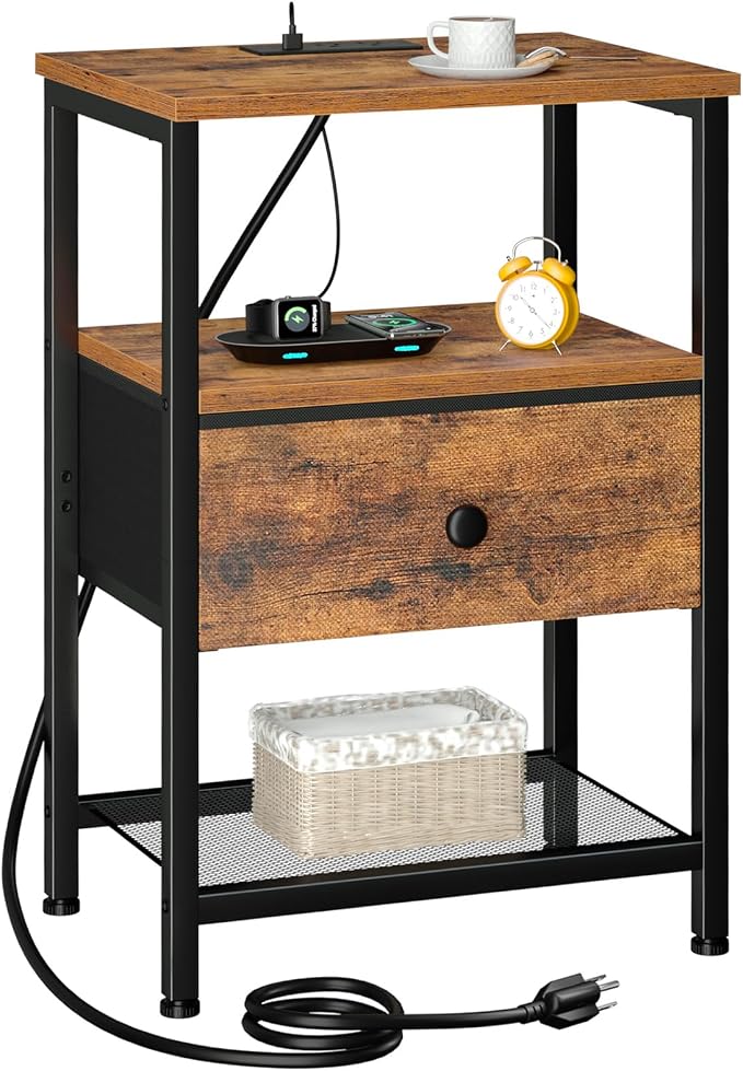 LOAKEKEL Night Stand with Charging Station, Small Bedside Table with Fabric Drawer, Nightstand with USB Ports & Outlets for Bedroom, Brown, HETS010BR-1 by LOAKEKEL