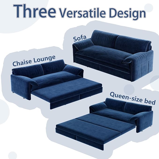66" Queen Size Pull Out Sofa Bed, 3-in-1 Convertible Sleeper with Side Storage and Wheels, Velvet Loveseat for Living Room, Apartment, Bedroom, Blue (Mattress & Bedding Not Included)