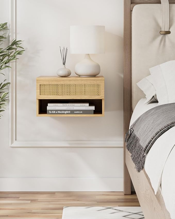 Floating Nightstand, Small Modern Floating Nightstand with Drawer, Floating Shelves for Bedroom, Bathroom (Oak Rattan) - Image 4