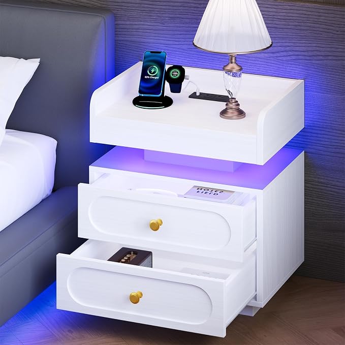 4ever2buy White Nightstand with Adjustable LED Lights and Charging Station Modern Bedside Table with 2 Drawers End Table for Bedroom by 4ever2buy