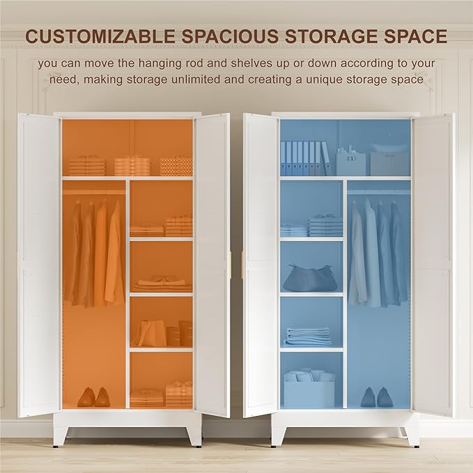 LCAOPC 71" Tall Metal Wardrobe Closet with Adjustable Shelves and Hanging Rod, 2 Doors Office Storage Locker Cabinet for Home, Office, Bedroom, Laundry Room, White