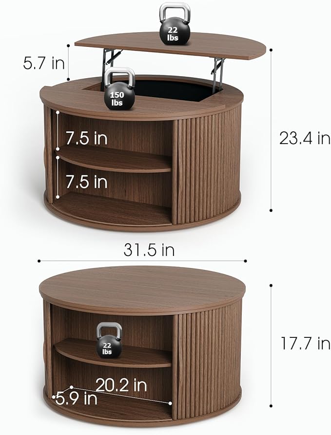 31.5" Round Lift Top Coffee Table with Hidden Storage, Mid Century Modern Walnut Drum Coffee Table for Living Room, Wood Fluted Design Center Table for Small Apartment & WFH