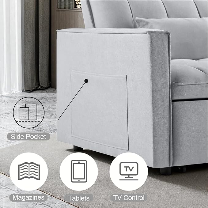 3-in-1 Sofa Bed, 52.75" Pull-Out Sleeper Sofa Bed with 3-Level Adjustable Backrest, Velvet Fabric Loveseat Sleeper Couch for Living Room & Bedroom & Apartment & Dorm Furniture, Light Grey