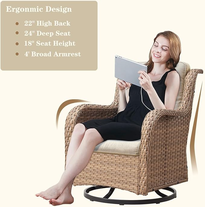Wicker Patio Furniture Set: 8 Piece Outdoor Conversation Sets with 4 Swivel Rocker Chairs, Patio Couch, Rattan Ottomans and Coffee Table for Porch Balcony Garden, Yellow/Beige