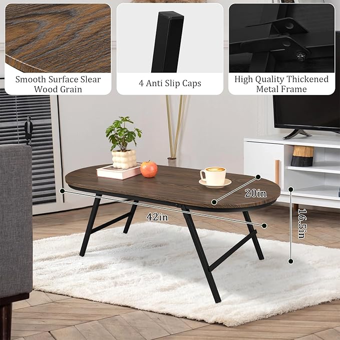 Foldable Coffee Table Oval Small Coffee Tables with Metal Legs Floor Table Desk for Sitting on the Floor Low Coffee Table for Small Spaces Living Room Outdoor Use Dark Brown