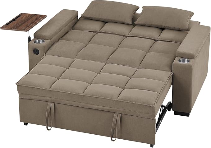 Eafurn Convertible Sleeper Sofa Bed with 360° Swivel Table & USB Ports, Tufted Chenille Loveseat Pull-Out Couch with Storage Armrest & Cup Holders, 6-Level Adjustable Backrest