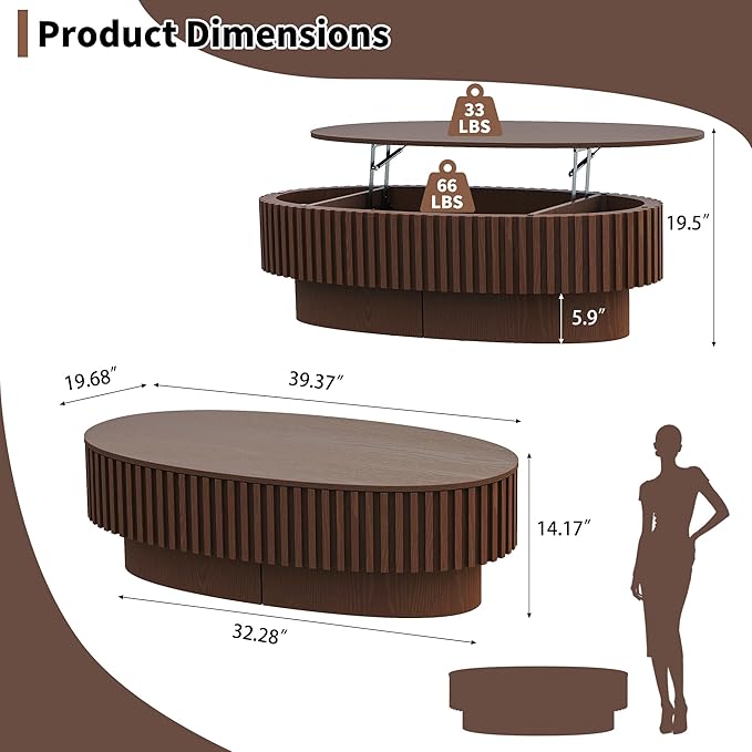 Oval Lift Top Coffee Table with Storage, Mid Century Modern Center Table with Hidden Compartment for Living Room, Lift Tabletop Fluted Wood Dining Table for Home Office - Walnut