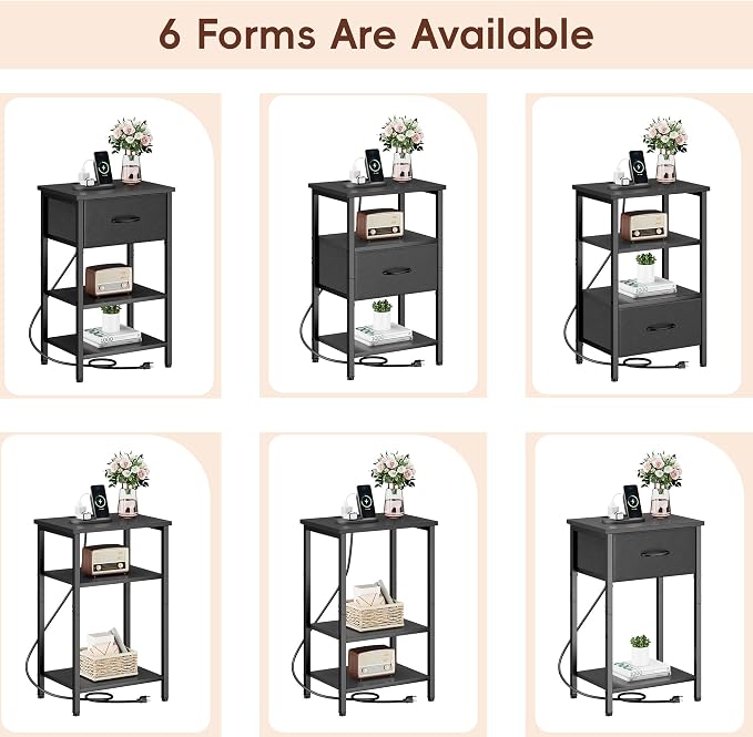 Vagusicc Set of 2 Nightstand with Charging Station, Bed Side Table with Adjustable Fabric Drawer, Night Stand for Bedroom, 3-Tier Storage End Table for Living Room, Tall Nightstand for Bedroom, Black - Image 5