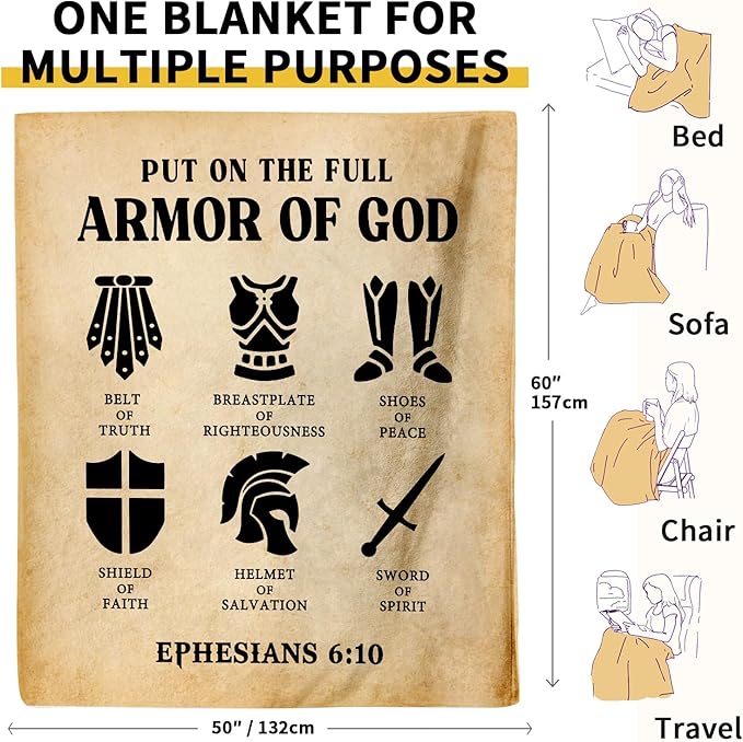 Christian Gifts for Men, Put on The Full Armor of God Blanket Decor, Religious Gifts for Men on Fathers Day Birthday Christmas, Pastor Appreciation Gift - 50" x 60"