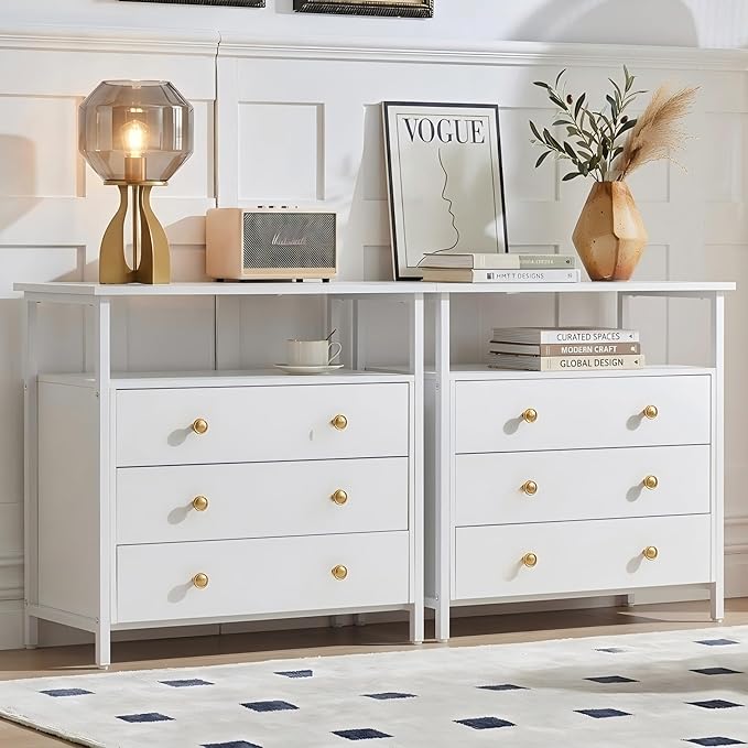 Edbuosy 3 Wooden Drawers Nightstand, 27 Inch Wide Night Stand Set 2 with Charging Station and Adjustable Drawers, Small Dresser for Closet, Bedside Table for Living Room/Bedroom/Office, White. by Edbuosy