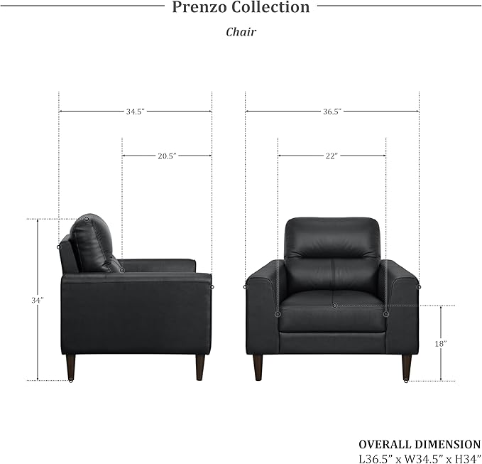 Lexicon 3 Piece Living Room Furniture Sets,Top Grain Leather Match Living Room Sofa Set, Track Arms, Solid Wood Legs, Comfy Couches Including Chair, Loveseat & Sofa, 3 Pieces, Black
